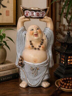 VTG Happy Buddha Figurine Holding Gold Ingot Crackle Glaze Ceramic 10" Feng Shui